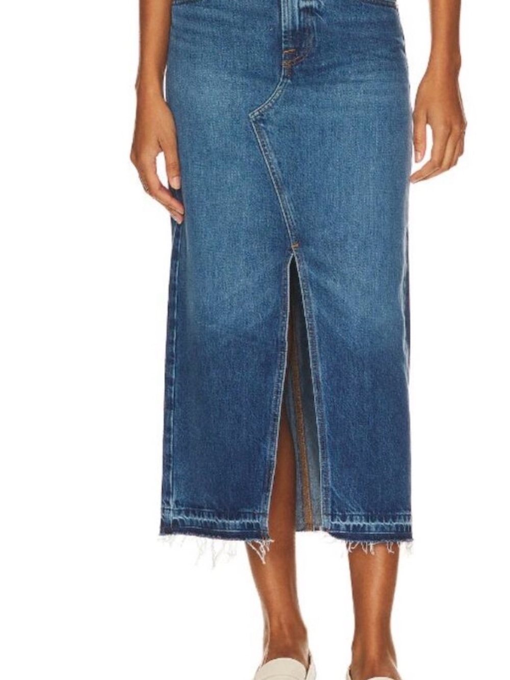 Frame Denim Blue Raw-Hem Midi Pencil Skirt with Front Slit